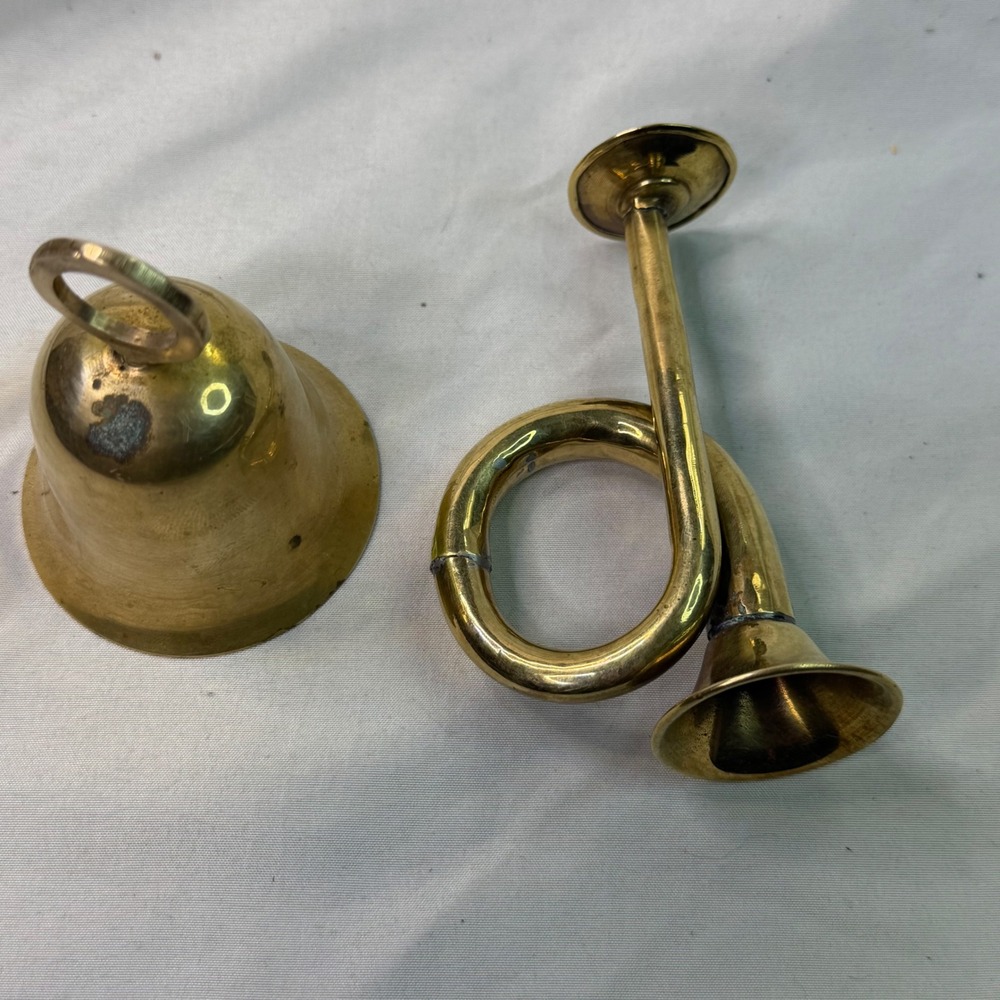 Vintage Brass Miniature Musical Instruments Bell and French Horn Decor Set